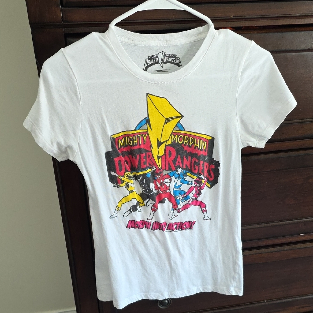 Power Ranger White Graphic Tee with Red Yellow Blue Accents